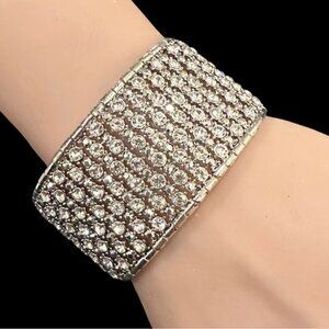 Wide Silver Rhinestone Crystal Cuff Bracelet Open Adjustable Design